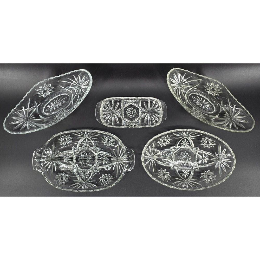 5 Piece‎ Anchor Hocking Glass Serving Set Star David MCM Relish Boat Butter Vtg